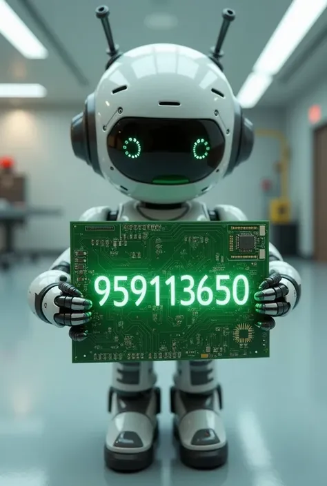 Robot computer, holding a green board with the text "959113650" and showing it to the viewer