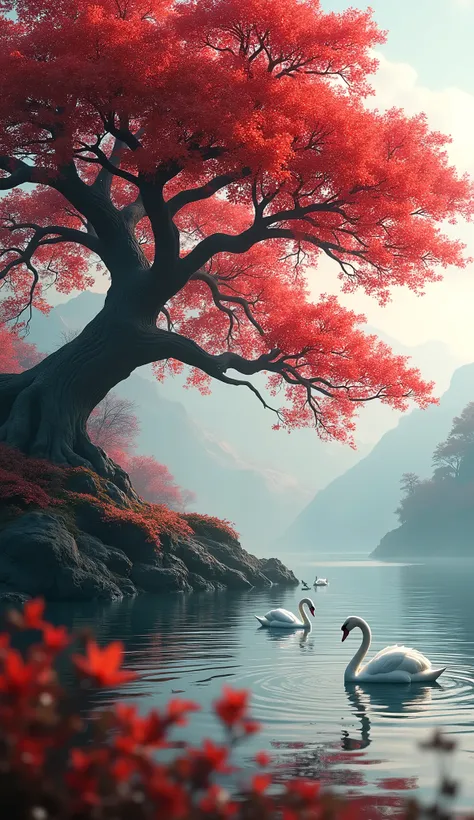 "An ultra-HD, 8k, hyper-realistic, and dramatic scene from the top of a hill. A large tree with red leaves stands tall, its branches spreading wide, and some of its leaves are gently falling to the ground below. Beneath the hill, a serene lake glistens und...