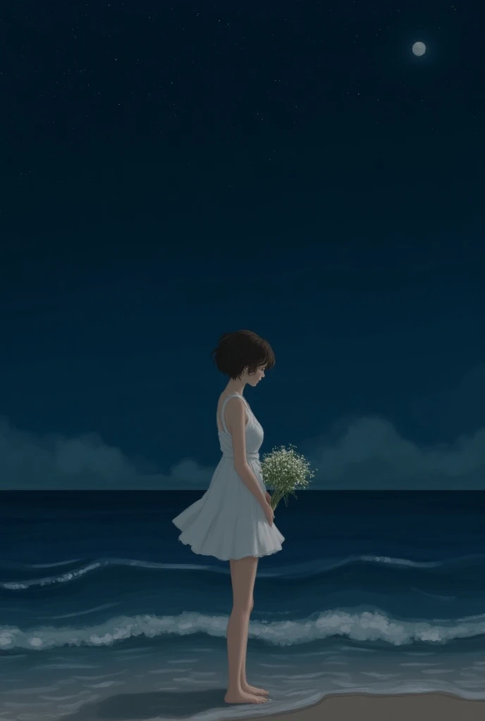 A woman in a short white dress, holding a bouquet of white-green flowers, facing the seashore. In the darkness, the little moon is far away, the stars are full of sky.