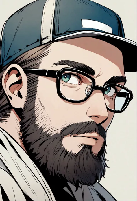 The drawing of a bearded young man wearing a square cap and glasses in skater style 