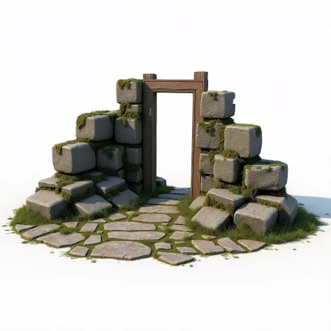 representação referência renderizada em fundo branco fosco como prop set 3D de ancient fallen wall  destruíd ao chão e alguns blocos espalhados, old, mossy,  wall built by ancient style stone blocks , flaws in the dirty , fallen wall , space and missing at...