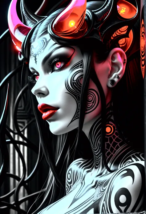 Stunningly gorgeous beautiful perfect hr giger tattooed sexy seductive demonic girl, perfect face, hyper detailed neon ruby, large breasts, full body view, nude, no color black and white only