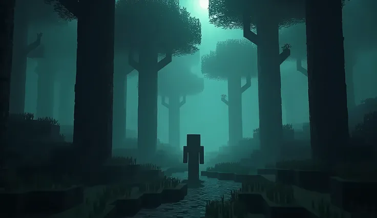 A dark, foggy forest at night, with tall, twisted trees in the distinctive blocky style of Minecraft. The atmosphere is eerie and mysterious, with a deep blue-green mist filling the scene. A single, lonely Minecraft character walks along a narrow, pixelate...