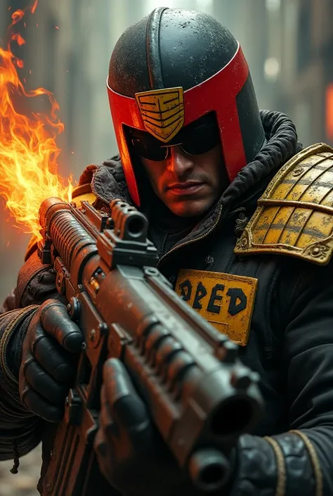 a close up of a person holding a gun with flames on it, dredd, judge dredd, official judge dredd fanart, terminator art, cyberpunk comic cover art, josan gonzales!!!, cable, bleeding decaying colors!, ( ( ( ( ( dan mumford ) ) ) ) ), masterpiece epic retro...