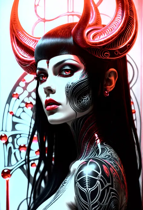 Stunningly gorgeous beautiful perfect hr giger tattooed sexy seductive demonic girl, perfect face, hyper detailed neon ruby, large breasts, full body view, nude, no color black and white only