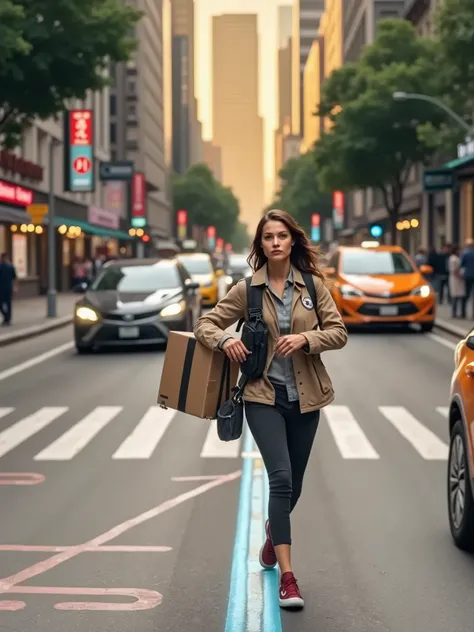 Female courier, tooling, on the way to deliver the courier, on the streets of the city, high detail, 4K, masterpiece.