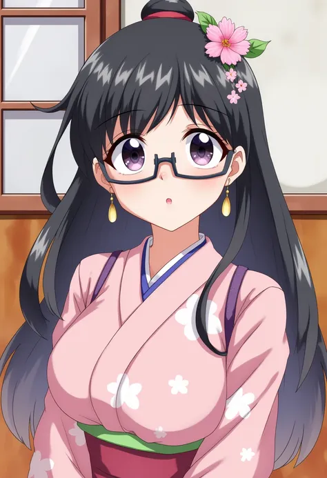 japanese girl，glasses， ( wears a pink kimono)uhd, masterpiece, high details, high quality, best quality, highres