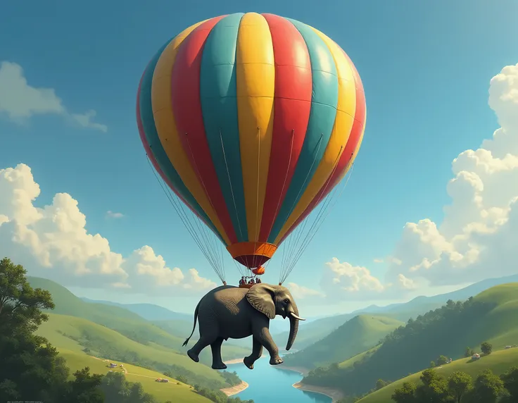 A large multicolored balloon lifts an elephant