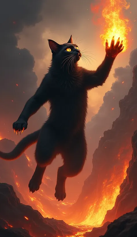 Create an image of a fierce looking black cat hovering in the air, raising one of its paws to the sky, summoning fire magic from the raised paw. The background is a dark volcano with lava to add drama, and multiple flames light up the scene, giving the cat...