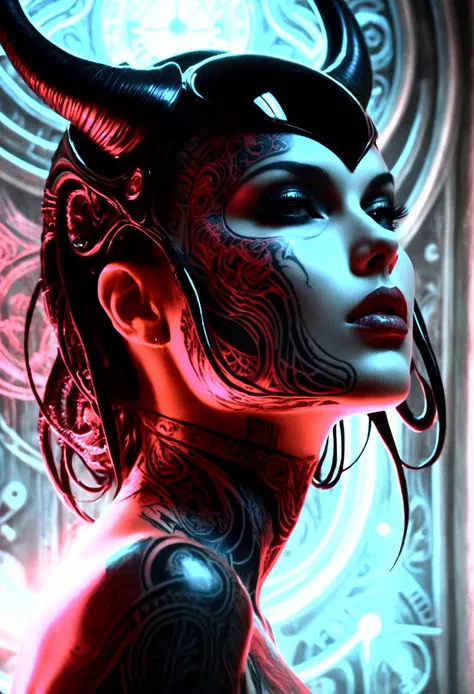 Stunningly gorgeous beautiful perfect hr giger tattooed sexy seductive demonic girl, perfect face, hyper detailed neon ruby, large breasts, full body view, nude, no color black and white only