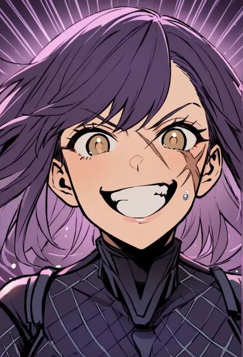 A woman with a scar on her cheek, long dark purple hair, smiling and showing teeth, with a menacing presence, wearing a detailed suit with a droplets pattern, light brown eyes