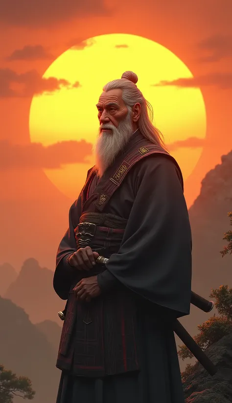 Pickle man, wise old man face, samurai costume, realist, sunset, musashi.