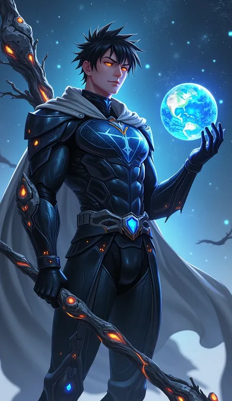 Create an image of a muscular young man with black hair and glowing orange-red eyes. He is wearing wearing full-body high-tech black armor with glowing blue high-tech patterns decorating parts of the armor, and a gray cloak, along with a black high-tech be...