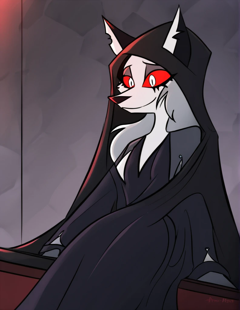 (1girl, solo), perfect body, slim,
anthro, robe, furry, smile, grim reaper outfits, cape covering whole body, long black cape, hoods covered head, head down, red eyes,room, sitting
Loona (Helluva Boss), 