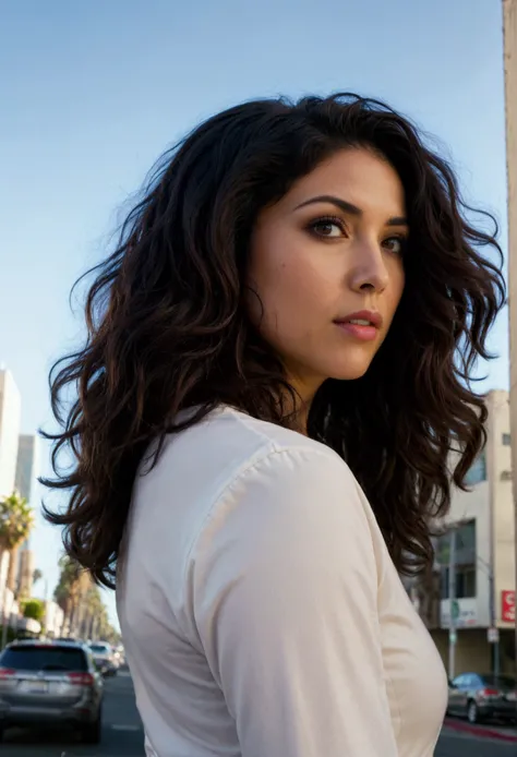 dark wavy hair, dark eyes, wide angle, low angel shot from below, and shot from behind, photo of a woman in los angeles, natural lighting, 35 mm--ar 16:9