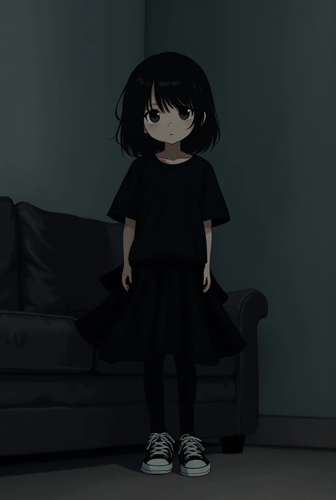 Uma Loli emo black t-shirt large black skirt short black tights black hair big black sneakers watching anime 