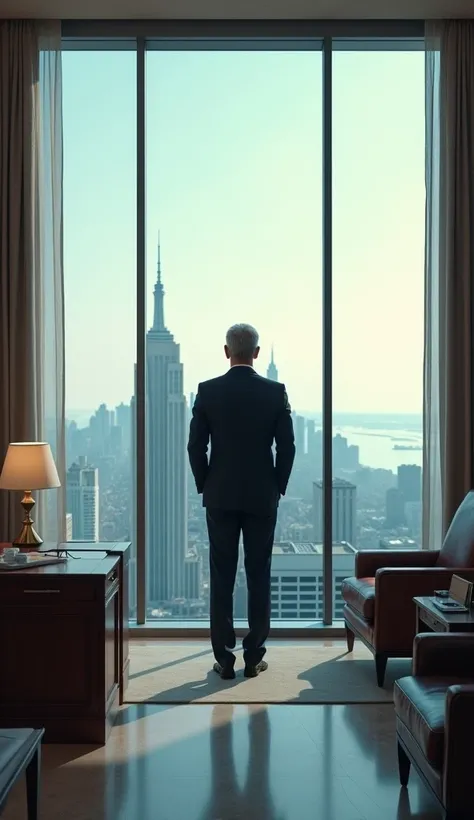 a well-dressed and confident man in his office looking at the landscape through a huge glass window of his building