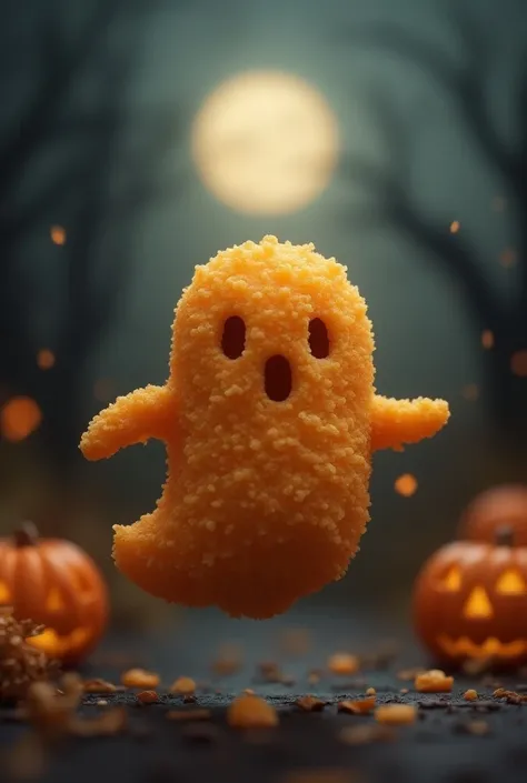 A ghost character made entirely from crispy, golden-brown fried chicken, similar to a nugget. The ghost has a round, nugget-like shape with a crunchy, textured surface, and its body tapers slightly at the bottom, resembling a classic ghost silhouette. It h...