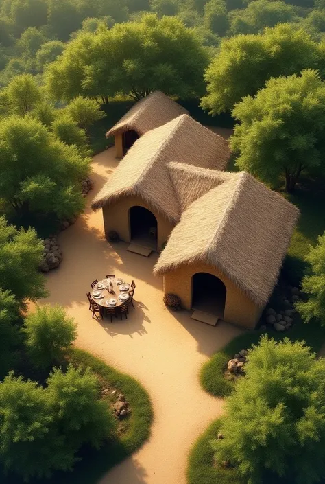 primitive two-bedroom house in mud and cane, a dining room in the form of a terrace , an orchard to the left of the house and a shack at the back of the yard, view from above