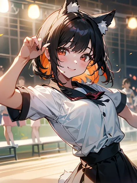 1 girl、Anime style painting、   upper body close-up   、smile、   Black Hair   、smile、   white shirt、   perfect lighting、Dog Ears，University，Cultural Festival，School Festival，fun，meaningful々，dance，Vibrant， stage， spotlight hits，4人danceグループ