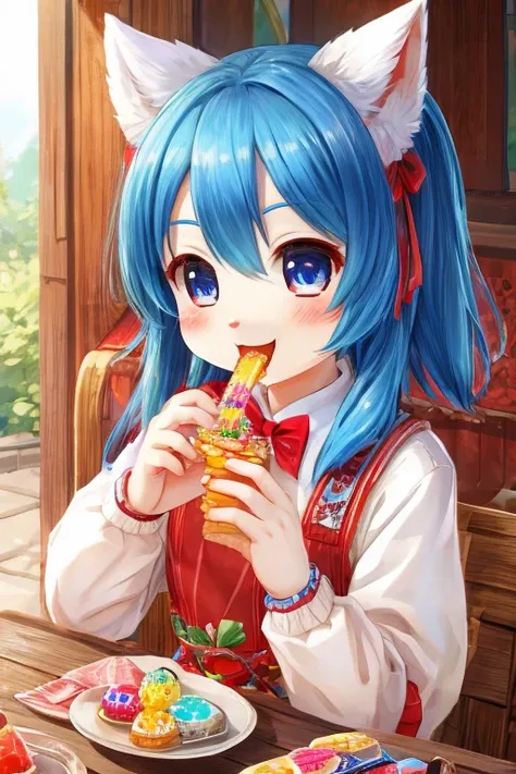 Ramune is eating sweets、girl、Blue Hair、smile、ennui


