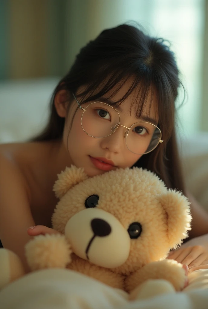 asian girl 18 years,       full body, a woman is lying on a bed with her back to the camera.    a young woman in glasses, gazing thoughtfully to the side. The lighting gives her skin a soft, natural glow, and her gentle expression complements the cozy sett...