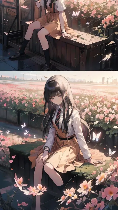 (masterpiece: 1.2), ( very detailed: 1.2), ( very detailed CG: 1.2), ( High image quality : 1.2), (最 High image quality ), 8k,  anime illustration, Girl sitting in a flower field, butterfly with a slightly sad expression々View、((There&#39;Butterflies on my ...