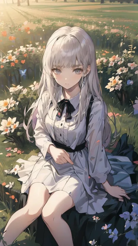 (masterpiece: 1.2), ( very detailed: 1.2), ( very detailed CG: 1.2), ( High image quality : 1.2), (最 High image quality ), 8k,  anime illustration, Girl sitting in a flower field, butterfly with a slightly sad expression々View、((There&#39;Butterflies on my ...