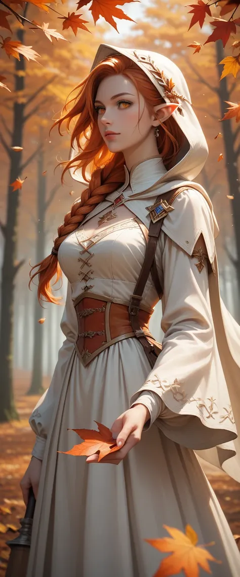 score_9, score_8_up, score_7_up, (masterpiece, UHD, 8K, 16K, ultra detailed), sfw, upperbody shot, 1girl, elf, orange eyes, one side braided hair, ginger hair, holding a red leaf, white dress with hood, intricate details, (murmuring leaves), (wind:1.2), (m...