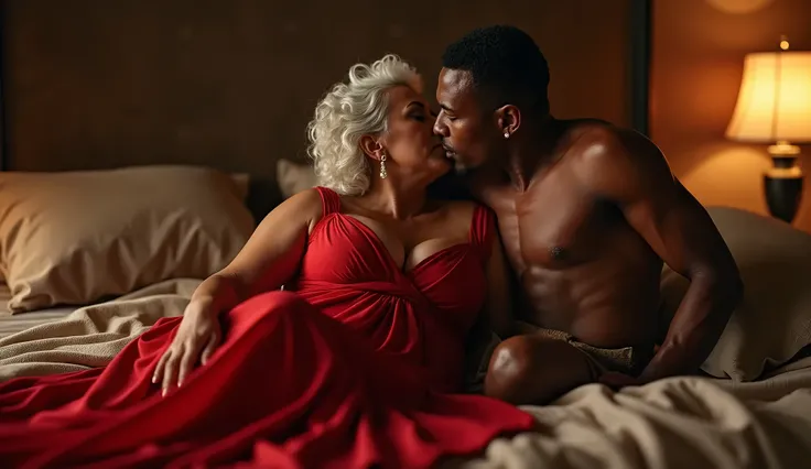 Sexy 80 years old busty woman,wearing red dress, sit kissing 25 years young handsome, black skin man, smile, Bed, Bed room , romance, Full body