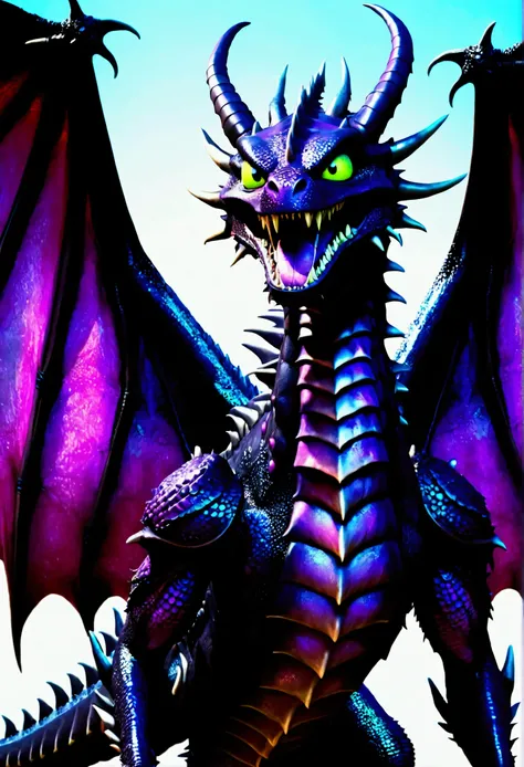 A tall  scary dragon, how to train your dragon, 3d animation, the series art style, metal items , very sharp teeth, big Wings, stains, multiple horns, toxicity, (fluo palette), very detailed, extremely scary, black, horrifying, purple eyes, terrifying, hor...