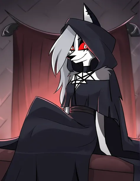 (1girl, solo), perfect body, slim,
anthro, robe, furry, smile, grim reaper outfits, cape covering whole body, long black cape, hoods covered head, head down, red eyes,room, sitting
Loona (Helluva Boss), 