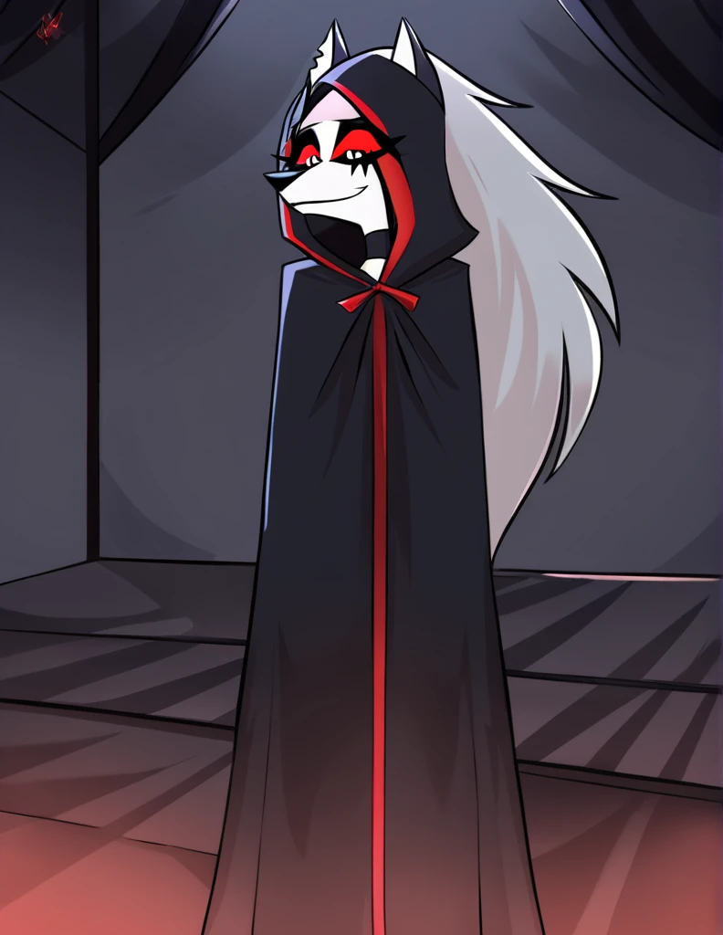 (1girl, solo), perfect body, slim,
anthro, robe, furry, smile, grim reaper outfits, cape covering whole body, long black cape, hoods covered head, head down, red eyes,room, sitting
Loona (Helluva Boss), 