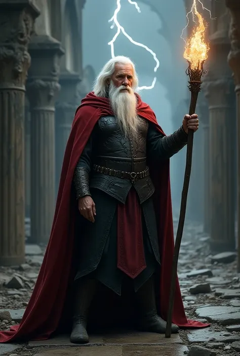 Merlin the wizard, standing in a mystical setting. He is a powerful figure, with a long white beard and flowing hair. He is clad in a dark, leather-like armor and a flowing red robe. He holds a staff that is glowing with blue energy, and there are bolts of...