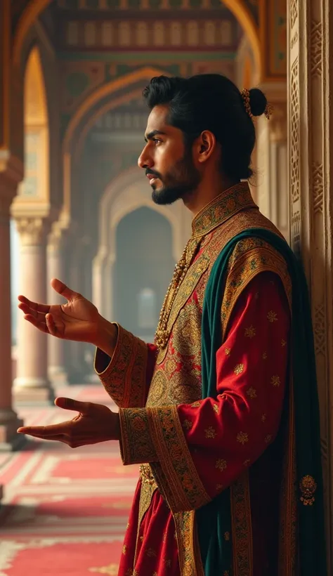 Image of a 25 year man ( Tansen)talking or signal with hand background Mughal Muslim royal court . 