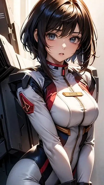  detailed illustration of an anime female pilot  " Gundam SEED organization member  "compass" and has short hair. She wears sophisticated styles,  Fits the body、 A futuristic pilot suit designed with an emphasis on mobility  . The suit has a high-tech look...