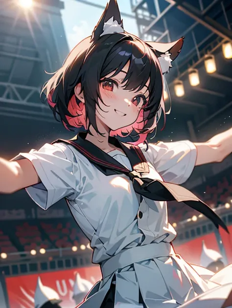 1 girl、Anime style painting、    upper body close-up    、smile、    Black Hair    、smile、    white shirt、    perfect lighting、Dog Ears，University，Cultural Festival，School Festival，fun，meaningful々，dance，Vibrant， stage， Spotlight hit ，4人danceグループ，Oblique angle...