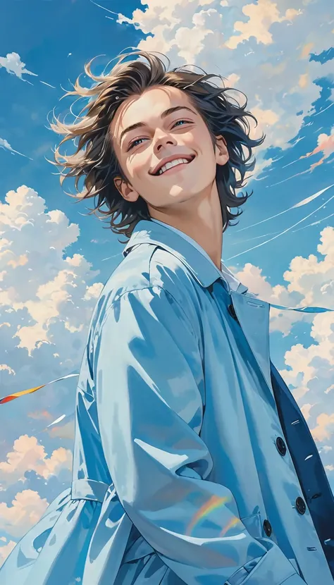 masterpiece, best quality, Stills, 1 Boy Harry Styles, Floating in the air, cloudy boy Harry Styles, Wearing a Blue Coat, cloud, (close up:1.1), bright, Happy, pleasure, , Soft Vivid Blue lightin, (Bauhaus, White wind, Blue cloud:1.1)