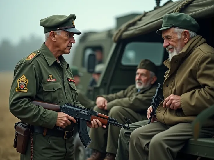  An old soldier around 70 in a worn military uniform ， A young 20-year-old military officer handed an AK47 to the old soldier，Military Camp，There were a few elderly soldiers sitting in the back row of a military truck ，Depressed atmosphere ， elderly people...