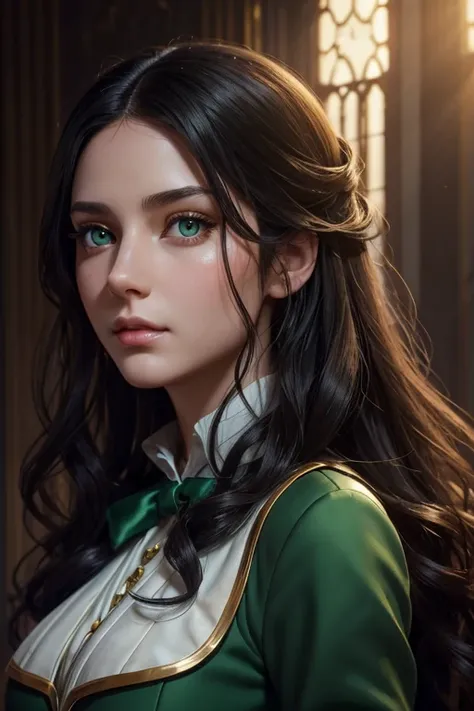 european woman with long wavy black hair, green eyes, generous bust, magical school uniform, detailed facial features, elegant pose, fantasy art style, highly detailed, 8k, photorealistic, dramatic lighting, vibrant colors, cinematic composition