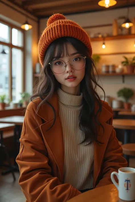 ((Best Quality)), ((傑Best Quality、masterpiece、High sensitivity、 High Resolution 、Detailed Description、 delicate facial depiction)), Slender woman、Glasses、 gentle expression、Knitted hat、Autumn outfit、Open Cafe、