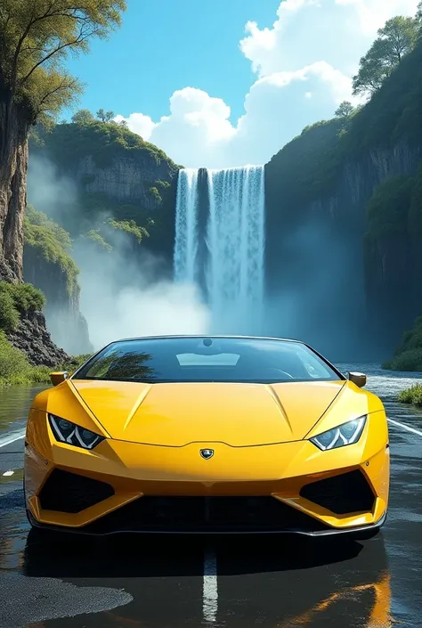 A yellow car with water fall and blue light mersdease