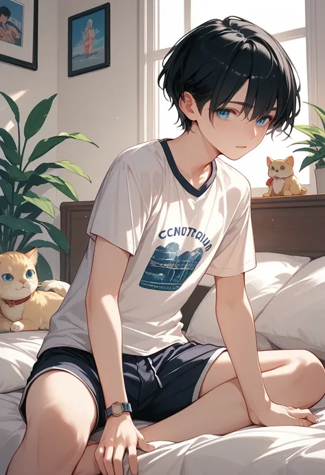 1boy、( short hair、Black Hair、blue eyes)、T-Shirts、 shorts、The state of being pushed down by the bed