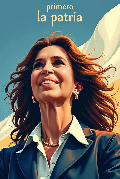 Cristina Kirchner, CFK, argentina with long hair blowing in the wind, slight smile, looking towards the future, soviet-art illustration, cristina kirchner, light blue and white argentina flag background, masterpiece, high quality, dramatic, vivid colors, s...