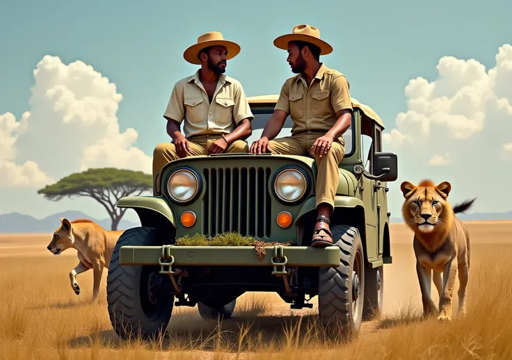   Jeep on safari with 2 men sitting on the hood of the jeep wearing safari clothes,  looking at me a white man and a brown man . In Africa , in open field. Full of massais all around lions and hyenas around