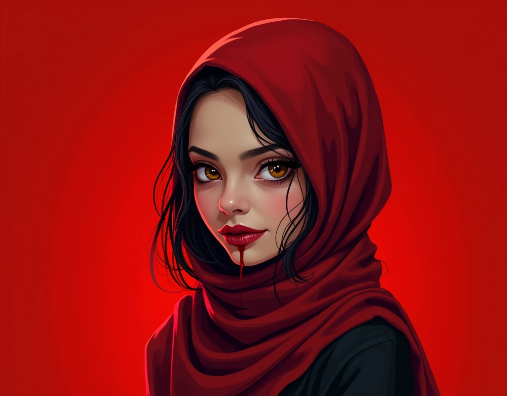 Captivating  Cartoon woman vampire , wearing red hijab cover all the hair, passport photo size , red background, blood on mouth, have brown eye, side profile , Beautiful but eerie