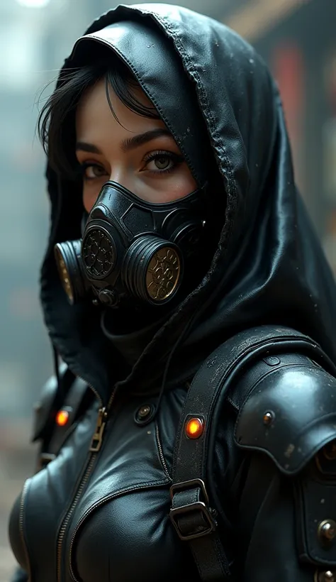 a close up of a woman in a black leather outfit and a mask, cyberpunk nun warrior, all black cyberpunk clothes, gothic - cyberpunk, orthodox cyberpunk, beautiful cyberpunk woman model, wearing techwear and armor, amazing 8k character concept art, wojtek fu...