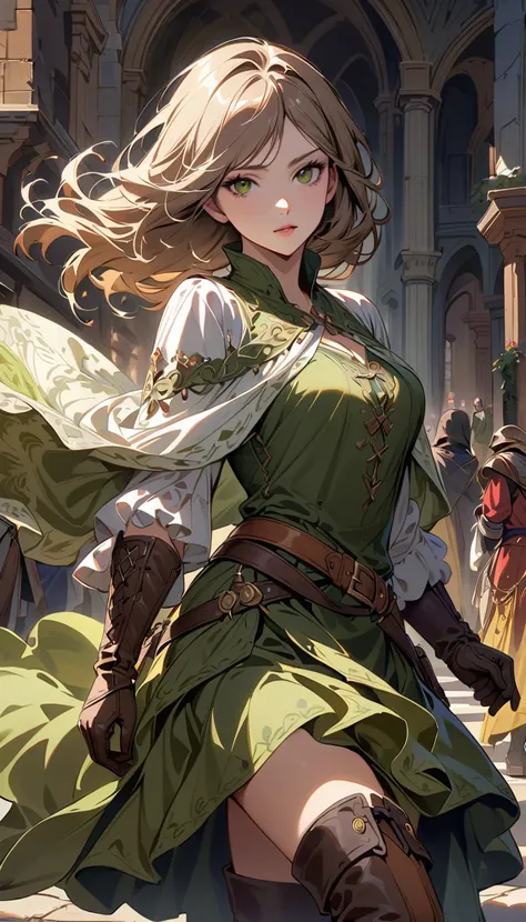 Huntress girl light brown hair, wearing an olive green asymmetrical medieval-style skirt, brown knee-high boots, and a white blouse has a short olive-green shawl with intricate details in the fabric. brown gloves and a bow, ready for battle. clothing and b...