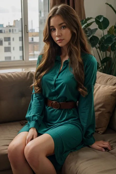 Woman with long, curly highlighted hair and green eyes, sitting on a sofa in an apartment, wearing a long-sleeve blue dress with a belt.

