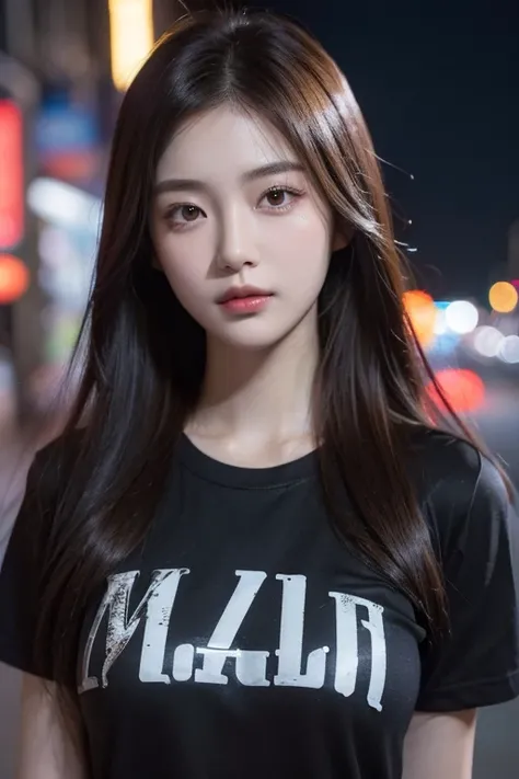 (Best quality, High resolution, Masterpiece :1.3), A pretty Korean woman, Slender figure, Dark brown hair, T-shirt, (Street in city at night), Highly detailed face and skin texture, Detailed eyes, Double eyelid